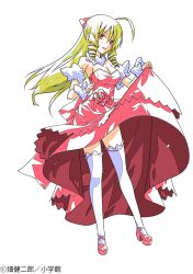1girl ahoge armpits blonde_hair blush bow breasts clothes_lift dress drill_hair hair_bow hata_kenjirou hayate_no_gotoku! high_heels highres large_breasts legs light_blush long_hair off-shoulder_dress off_shoulder official_art red_dress red_eyes simple_background skirt skirt_lift tennousu_athena thighhighs thighs white_background zettai_ryouiki