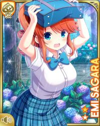 1girl :o bag blue_bow blue_eyes blue_skirt bow breasts card_(medium) character_name day girlfriend_(kari) hair_behind_ear hair_ribbon large_breasts looking_at_viewer official_art open_mouth orange_hair outdoors park plaid_clothes plaid_skirt qp:flapper rain red_bow ribbon sagara_emi school_uniform shirt shoes skirt standing tagme thighhighs two_side_up white_shirt