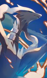 animal_focus artist_name blue_eyes blue_sclera blue_sky cloud colored_sclera commentary english_commentary gen_5_pokemon highres kel-del legendary_pokemon nintendo no_humans outdoors painterly parted_lips pokemon pokemon_(creature) reshiram sky solo upper_body