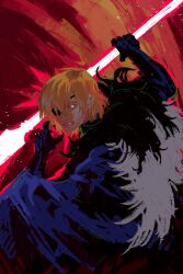 Rule 34 | 1boy, arm up, armor, black armor, black fur, blonde hair, blue cape, blue eyes, cape, clenched teeth, commentary, dimitri alexandre blaiddyd, dimitri alexandre blaiddyd (timeskip), english commentary, eyepatch, fire emblem, fire emblem: three houses, gauntlets, glowing, glowing eye, hair behind ear, highres, holding, holding polearm, holding weapon, male focus, nintendo, one eye covered, polearm, solo, teeth, upper body, weapon, white fur, yadntve
