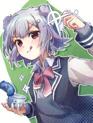 1girl black_jacket blazer blush bow bowtie cevio closed_mouth collared_shirt cup double_bun green_background grey_hair grey_sweater_vest hair_between_eyes hair_bun hand_up holding holding_cup jacket koharu_rikka layered_sleeves long_sleeves looking_at_viewer multicolored_jacket open_clothes open_jacket outline pink_bow pink_bowtie shirt short_hair smile solo sparkle suama_(haruichi) sweater_vest synthesizer_v tongue tongue_out two-tone_jacket upper_body v-shaped_eyebrows white_background white_jacket white_outline white_shirt white_trim