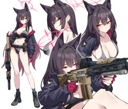 1girl aiming animal_ears assault_rifle bikini black_bikini black_hair black_jacket black_shoes blue_archive blush breasts cleavage closed_mouth extra_ears fingerless_gloves full_body gloves gun h&amp;k_hk416 halo highres holding holding_gun holding_weapon jacket large_breasts long_hair long_sleeves looking_at_viewer multiple_views navel open_clothes open_jacket paid_reward_available parted_lips red_eyes red_gloves red_halo rifle shigure_s shoes simple_background standing stomach swimsuit weapon white_background yukino_(blue_archive)