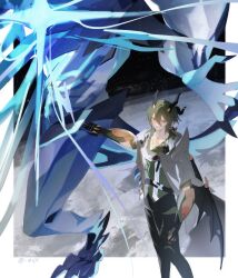1boy absurdres alternate_form armored_gloves black_horns black_pants claws commentary_request demon demon_wings eve_(meltdown) green_hair grey_hood highres honkai_(series) honkai_impact_3rd horns kosma male_focus multiple_views orange_hair pants space tail twitter_username wings