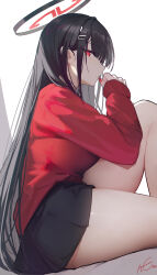 1girl alternate_costume black_hair black_halo black_skirt blue_archive breasts closed_mouth commentary_request fingernails from_side halo jacket knee_up large_breasts long_hair long_sleeves looking_at_viewer nail_polish omone_hokoma_agm red_eyes red_jacket red_nails rio_(blue_archive) sideways_glance signature sitting skirt solo thighs very_long_hair