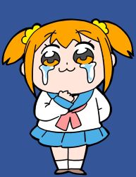 10s 1girl :3 bkub blue_background blue_collar blue_skirt brown_shoes clenched_hand collar crying crying_with_eyes_open female_focus full_body hair_ornament hair_scrunchie hand_on_own_chest highres neckerchief orange_eyes orange_hair poptepipic popuko red_neckerchief sailor_collar school_uniform scrunchie serafuku shirt shoes short_hair short_twintails simple_background skirt solo tears twintails two_side_up white_shirt yellow_scrunchie