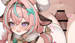 1girl ahoge animal_ears bar_censor bell braid censored cow_ears cow_girl cow_horns cowbell ear_bell genshin_impact hair_intakes heart horns light_blush long_hair multicolored_hair navel open_mouth paid_reward_available pink_hair purple_eyes se34tai single_thighhigh solo streaked_hair thigh_sex thighhighs twin_braids varesa_(genshin_impact)