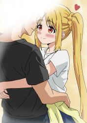 1boy 1girl blonde_hair blush bocchi_the_rock! couple faceless faceless_male heart highres hug ijichi_nijika long_hair orange_eyes riokasen side_ponytail smile very_long_hair