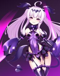 1girl ahoge amakubo_yuri bare_shoulders black_gloves black_skirt black_thighhighs blush breasts clothing_cutout collar corruption covered_navel dark_persona demon_tail detached_sleeves elbow_gloves entenca evil_grin evil_smile garter_straps gloves glowing gluteal_fold gradient_background grin groin hair_ornament heart heart_cutout heart_print highleg highleg_leotard highres kouyoku_senki_exs-tia leotard liberator_(kouyoku_senki_exs-tia) liberator_yuri_(kouyoku_senki_exs-tia) long_hair looking_at_viewer pink_hair pubic_tattoo puffy_sleeves purple_background purple_eyes purple_leotard purple_sleeves showgirl_skirt sidelocks skirt small_breasts smile solo standing tail tattoo thigh_gap thighhighs twintails very_long_hair white_hair wings