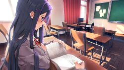 1boy 1girl arm_under_breasts blazer blush book breasts brown_sweater_vest bulletin_board chair chalkboard classroom closed_mouth collared_shirt computer computer_keyboard computer_mouse curtains day desk doki_doki_literature_club doki_doki_literature_club_school_uniform double-parted_bangs dress_shirt embarrassed fingernails from_side game_cg grey_jacket hair_between_eyes hair_ornament hairclip half-closed_eyes hand_on_own_chest highres holding holding_book indoors jacket large_breasts light_frown light_rays long_eyelashes long_fingernails long_hair long_sidelocks long_sleeves looking_down monitor neck_ribbon non-web_source office_chair official_art out_of_frame pov pov_hands profile protagonist_(doki_doki_literature_club) purple_eyes purple_hair raised_inner_eyebrows reading red_ribbon ribbon satchely school school_desk school_uniform shirt shy sidelocks sitting solo_focus sweater_vest swivel_chair thick_eyelashes upper_body very_long_hair white_shirt window wooden_floor yuri_(doki_doki_literature_club)