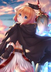 Rule 34 | 1girl, absurdres, arm up, belt, black gloves, blue eyes, blue sky, blush, brown belt, brown cloak, brown hair, cloak, cloud, cloudy sky, crystal, female focus, fingerless gloves, from behind, gloves, grin, hair between eyes, highres, holding, holding sword, holding weapon, hood, hood down, hooded cloak, looking at viewer, looking to the side, muimi (princess connect!), outdoors, princess connect!, skirt, sky, smile, solo, sunset, sword, torn clothes, weapon, white skirt, yuririn poi