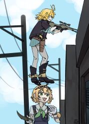 2girls :d ahoge aqua_shirt belt black_boots black_gloves black_jacket blonde_hair blue_overalls blue_sky boots brown_belt building closed_mouth collared_shirt counter-strike_(series) counter-strike_2 dated day dokibird_(vtuber) dokibird_(vtuber)_(bounty_hunter) dooby_(vtuber) full_body gloves goggles goggles_on_head green_eyes green_neckerchief gun handgun highres hobbyh1zack holding holding_gun holding_knife holding_weapon holster holstered indie_virtual_youtuber jacket knife multiple_girls neckerchief olofboost open_mouth outdoors overalls pants power_lines revolver rifle scar scar_on_arm shirt short_hair short_sleeves signature sky smile sniper_rifle spurs standing thigh_holster untucked_shirt virtual_youtuber weapon white_gloves white_pants white_shirt