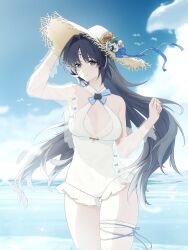 1girl absurdres alternate_costume bare_shoulders black_eyes black_hair blue_sky breasts casual_one-piece_swimsuit closed_mouth commentary_request criss-cross_halter day feather_hair flower hair_intakes halterneck hands_up hat_ornament highres kohane_kun long_hair looking_at_viewer medium_breasts mole mole_under_eye ocean one-piece_swimsuit outdoors parted_bangs sky smile solo sunflower swimsuit swimsuit_cover-up tacet_mark_(wuthering_waves) thighs very_long_hair wading white_one-piece_swimsuit wuthering_waves yangyang_(wuthering_waves)