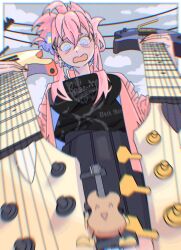 1girl absurdres bethlehem_(band) black_shirt blue_eyes blurry bocchi_the_rock! cloud commentary_request earrings electric_guitar feet_out_of_frame from_below gitao gotoh_hitori grey_skirt guitar guitar_hero highres holding holding_guitar holding_instrument instrument irreligiositat jacket jewelry long_hair looking_down open_clothes open_jacket open_mouth outdoors overcast pink_hair pink_jacket pleated_skirt power_lines shirt skirt sky standing whammy_bar