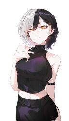 1girl absurdres alternate_costume alternate_hair_length alternate_hairstyle arm_strap black_hair black_shirt black_skirt earclip grey_hair highres hololive hololive_english kurochanai looking_at_viewer multicolored_hair navel shiori_novella shirt simple_background skirt sleeveless sleeveless_turtleneck solo split-color_hair turtleneck turtleneck_shirt two-tone_hair virtual_youtuber white_background yellow_eyes