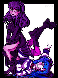 2girls amemiya_darumi black_boots black_border black_bow black_dress black_nails blue_hair blush boots border bow dress earrings female_focus fingernails glasses grin hand_up highres jewelry long_hair looking_at_viewer multicolored_hair multiple_girls nail_polish open_mouth pink_eyes pink_thighhighs purple_hair red_bow red_eyes shirt shizuhara_hiruko simple_background sitting sitting_on_person smile striped_clothes striped_shirt teeth the_hundred_line_-last_defense_academy- thighhighs twintails v white_background yuri