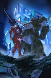 1boy blue_hair boots building chirico_cuvie gun handgun unworn_headwear helmet unworn_helmet highres mecha pilot_suit rain robot scopedog soukou_kihei_votoms vldhomecenter weapon
