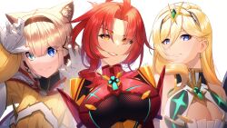 Rule 34 | 3girls, acrylicstroke, ahoge, animal ear fluff, animal ears, armpits, artist name, bare shoulders, durandal (honkai impact), blonde hair, blue eyes, breasts, brown hair, cat ears, cat girl, circlet, claw pose, cleavage, cleavage cutout, closed mouth, clothing cutout, commission, commissioner upload, core crystal (xenoblade), cosplay, dress, earrings, fang, gloves, green eyes, grin, headband, heterochromia, highres, honkai (series), honkai impact 3rd, impossible clothes, jewelry, jumpsuit, large breasts, lips, long sleeves, look-alike, looking at viewer, multiple girls, murata himeko, mythra (xenoblade), mythra (xenoblade) (cosplay), nia (xenoblade), nia (xenoblade) (cosplay), non-web source, pardofelis, power connection, puffy long sleeves, puffy sleeves, pyra (xenoblade), pyra (xenoblade) (cosplay), red hair, short hair, short sleeves, signature, simple background, skin fang, smile, teeth, upper body, watermark, weapon connection, white background, white dress, white gloves, white hood, xenoblade chronicles (series), xenoblade chronicles 2, yellow eyes, yellow jumpsuit