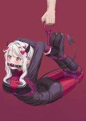 1boy 1girl absurdres ball_gag bdsm black_footwear black_horns black_skirt black_suit black_tail bondage boots bound breast_bondage breasts cailin020 demon_girl demon_horns demon_tail formal_clothes gag gagged heart heart-shaped_pupils helltaker highres horns knee_boots large_breasts long_sleeves luggage_bondage male_hand miniskirt modeus_(helltaker) pantyhose pencil_skirt red_rope red_sweater rope shibari shibari_over_clothes skirt skirt_suit solo_focus suit sweater symbol-shaped_pupils tail