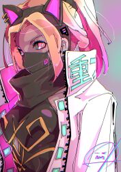 Rule 34 | 1girl, animal ears, black scarf, blonde hair, breasts, cat ears, coat, collar, commentary, dark-skinned female, dark skin, gravity daze, gravity daze 2, hairband, high collar, highres, kitten (gravity daze), long hair, looking at viewer, mask, mouth mask, pungter, red eyes, scarf, simple background, solo, symbol-only commentary, upper body, zipper