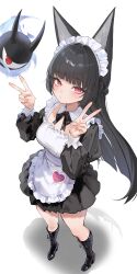 1girl absurdres alternate_costume animal_ears black_boots black_bow black_bowtie black_dress black_hair blunt_bangs blush boots bow bowtie braid breasts closed_mouth collar commentary detached_collar double_v dress enmaided fingernails fox_ears fox_girl half_up_braid highres hoshimi_miyabi large_breasts long_hair looking_at_viewer maid maid_headdress red_eyes sihana156 simple_background solo tailless_(zenless_zone_zero) v white_background white_collar zenless_zone_zero