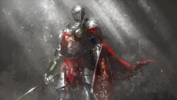 1other absurdres armor asaki_(asaki_vision) cape commentary_request dark_souls_(series) dark_souls_iii full_armor gauntlets grey_background helmet highres holding holding_shield holding_sword holding_weapon knight lothric_knight pauldrons red_cape shield shoulder_armor standing sword weapon
