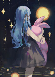 1girl airool bang_dream! bang_dream!_it&#039;s_mygo!!!!! bare_arms black_background black_dress black_ribbon blue_hair chinese_commentary commentary commentary_request cowboy_shot dated dress english_commentary facing_to_the_side from_side hair_ribbon hand_up highres hugging_doll hugging_object long_hair mixed-language_commentary orbital_path orbited partial_commentary ribbon short_dress sleeveless sleeveless_dress solo sparkle standing star_(symbol) striped_ribbon stuffed_animal stuffed_rabbit stuffed_toy thighhighs togawa_sakiko weibo_username white_thighhighs zettai_ryouiki
