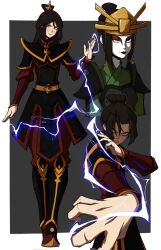1girl absurdres alternate_costume angry armor avatar:_the_last_airbender avatar_legends azula bags_under_eyes belt black_armor border brown_hair disguise electricity evil_smile facepaint glaring gold_trim grey_background hair_between_eyes hair_bun highres kekel lightning lipstick makeup multiple_views red_trim scowl single_hair_bun smile topknot white_border yellow_eyes