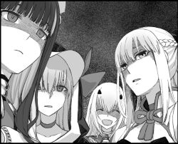 4girls black_bow bow braid closed_mouth fate/grand_order fate_(series) hair_between_eyes hair_bow half_up_braid long_hair melusine_(fate) monochrome morgan_le_fay_(fate) morgan_le_fay_(first_ascension)_(fate) multiple_girls nonone_(the9thxsheep) open_mouth ponytail smile tenochtitlan_(fate)