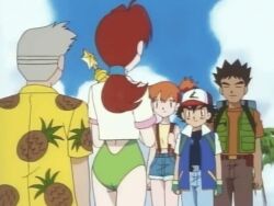 1990s_(style) 1997 1girl 2girls 3boys animated animated_gif ash_ketchum ass brock_(pokemon) brown_eyes brown_hair collarbone delia_ketchum denim denim_shorts gen_1_pokemon green_eyes green_one-piece_swimsuit grey_hair gym_leader hair_intakes jacket legs long_hair low_ponytail lowres mature_female misty_(pokemon) mother_and_son multiple_boys multiple_girls nintendo one-piece_swimsuit open_clothes open_shirt orange_hair outdoors pokemon pokemon_(anime) pokemon_(classic_anime) pokemon_ep018 ponytail professor_oak red_hair retro_artstyle shirt short_hair short_sleeves shorts side_ponytail smile solo standing suspenders swimsuit tagme tank_top yellow_shirt