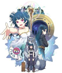 2girls black_robe blue_hair boots brown_boots chin_rest dog dress earrings far_far_away_(love_live!) genjitsu_no_yohane gradient_clothes gradient_dress hair_bun head_on_head head_rest jewelry lailaps_(genjitsu_no_yohane) long_hair looking_at_viewer love_live! love_live!_sunshine!! multiple_girls open_mouth puffy_short_sleeves puffy_sleeves purple_eyes revision robe short_sleeves sidelocks single_side_bun staff standing suitcase transparent_background tsushima_yoshiko tsushima_yoshiko&#039;s_mother upper_body waste-man white_dress yohane&#039;s_mother_(genjitsu_no_yohane) yohane_(genjitsu_no_yohane)