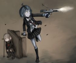 2girls black_hair blonde_hair bug shell_casing desk female_focus firing fly gun highres bug multiple_girls original pale_skin school_uniform skirt steeam stitches tagme weapon yellow_eyes