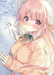 1girl blush breasts cardigan closed_mouth commentary green_ribbon hair_ribbon large_breasts long_hair long_sleeves looking_to_the_side natsuki_marina neck_ribbon original pink_eyes pink_hair ribbon solo symbol-only_commentary upper_body yellow_cardigan yellow_ribbon
