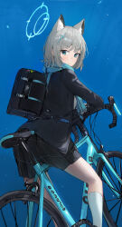Rule 34 | 1girl, absurdres, animal ears, bicycle, black bag, black skirt, blue archive, blue halo, blue scarf, cross hair ornament, grey hair, hair ornament, halo, highres, jianjia, looking at viewer, looking back, plaid clothes, plaid skirt, riding, riding bicycle, scarf, shiroko (blue archive), short hair, skirt, solo