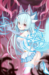absurdres ahoge animal_ear_fluff ass axolotl_hair_ornament bare_shoulders blue_hair blue_skirt commentary_request elbow_gloves frilled_skirt frills gloves highres long_hair looking_at_viewer magic_circle magical_girl multicolored_skirt one-piece_swimsuit original red_eyes skirt swimsuit tentacle_pit tentacles thighhighs very_long_hair white_gloves white_one-piece_swimsuit white_skirt white_thighhighs wlswlp