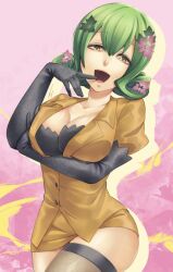 1girl black_bra black_gloves bra collarbone cowboy_shot curly_hair digimon digimon_story:_cyber_sleuth elbow_gloves gloves green_hair katashiro_(58) kishibe_rie medium_hair pink_background shirt skirt solo underwear yellow_eyes yellow_shirt yellow_skirt