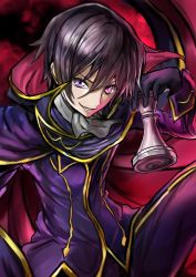 1boy absurdres black_gloves black_hair chess_piece code_geass geass gloves grin highres holding jacket king_(chess) lelouch_vi_britannia long_sleeves looking_at_viewer male_focus pants purple_eyes purple_jacket purple_pants smile solo uniform viride