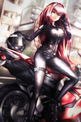 1girl absurdres alternate_costume biker_clothes bikesuit bodysuit breasts fate/extella fate/extella_link fate/extra fate/grand_order fate_(series) hair_intakes helmet highres jacket leather leather_jacket leather_pants looking_at_viewer motor_vehicle motorcycle motorcycle_helmet otakuotaco pants purple_hair red_eyes scathach_(fate) skin_tight unworn_headwear unworn_helmet