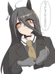 1girl absurdres adjusting_clothes adjusting_gloves ahoge aroused black_coat black_shirt blush closed_mouth coat collared_shirt commentary_request ear_tag earrings eyes_visible_through_hair gloves grey_gloves grey_hair hair_between_eyes highres jewelry long_bangs long_hair_between_eyes long_sleeves manhattan_cafe_(umamusume) multicolored_hair necktie shirt simple_background single_earring smile solo speech_bubble starforest9179 sweatdrop translated umamusume variant_set white_background yellow_necktie