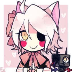 Rule 34 | 1girl, ahoge, animal ears, bad id, bad tumblr id, black vest, bow, bowtie, closed mouth, commentary, english commentary, five nights at freddy&#039;s, five nights at freddy&#039;s 2, fox ears, hair bow, long sleeves, lowres, lulu-999, mangle, missing eye, personification, pink bow, pink bowtie, short hair, sidelocks, smile, solo, vest, white hair, yellow eyes