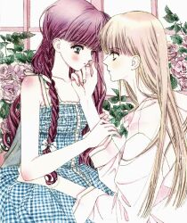2girls blonde_hair blush braid collarbone eye_contact flower hand_on_another&#039;s_chin highres long_hair looking_at_another multiple_girls nui_nakato original red_hair rose twin_braids window