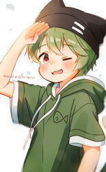 1boy animal_ear_headwear arm_up beanie black_hat blush child dot_nose drawstring fake_animal_ears far_tarooo green_hair green_hoodie hat highres hood hood_down hoodie looking_to_the_side male_focus one_eye_closed open_mouth original print_hoodie red_eyes short_hair short_sleeves sideways_glance solo two-sided_hoodie upper_body white_trim