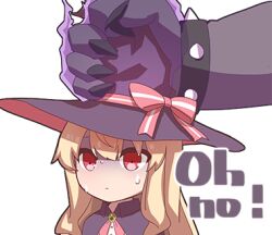 1girl bad_link blonde_hair cape chibi closed_mouth english_text hair_between_eyes hat hat_ribbon little_witch_nobeta long_hair lowres nobeta nobeta_(witch_skin) official_art red_eyes ribbon simple_background solo transparent_background upper_body witch_hat