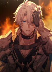 1boy antenna_hair armor black_choker black_gloves black_shirt blood blood_on_face blue_eyes choker coat collarbone fingerless_gloves gloves hand_on_own_head hand_up hashtag-only_commentary highres honkai:_star_rail honkai_(series) male_focus neck_tattoo parted_bangs pauldrons phainon_(honkai:_star_rail) pochimaru_(marumaru_wanwan) shirt short_hair shoulder_armor single_pauldron solo sun_symbol sun_tattoo tan tattoo upper_body white_coat white_hair yellow_blood