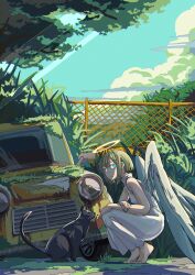 Rule 34 | 1girl, abandoned, absurdres, angel, angel wings, animal, barefoot, black cat, blue eyes, blue sky, brown hair, car, cat, chain-link fence, cloud, colored eyelashes, commentary request, day, double-parted bangs, dress, expressionless, fence, freckles, from side, grass, grey dress, grey wings, halo, hand on own arm, hand on own knee, highres, light rays, long dress, looking at viewer, looking to the side, motor vehicle, mountainous horizon, original, outdoors, overgrown, parted lips, scenery, short hair, sidelocks, sky, sleeveless, sleeveless dress, solo, squatting, sunbeam, sunlight, tattsun (ta tsuki), traditional halo, tree, turning head, wide shot, wings
