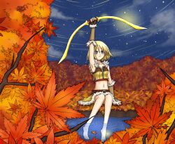 1girl arm_up armpits autumn autumn_leaves barefoot belt blonde_hair blue_eyes blue_sky bow_(weapon) breasts brown_gloves brown_shirt brown_skirt closed_mouth cloud crop_top earrings fingerless_gloves full_body fur-trimmed_gloves fur-trimmed_shirt fur-trimmed_skirt fur_trim gloves hair_between_eyes highres holding holding_bow_(weapon) holding_weapon jewelry koyuki.a leaf long_exposure maple_leaf midriff navel outdoors pointy_ears pond ragnarok_online red_belt ripples shirt short_hair skirt sky sleeveless sleeveless_shirt small_breasts smile sniper_(ragnarok_online) solo star_(sky) starry_sky two-tone_shirt two-tone_skirt water weapon yellow_shirt yellow_skirt