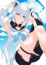 1girl absurdres ahoge animal_ear_fluff animal_ears arm_up armpits black_shorts black_thighhighs blue_eyes blue_neckerchief blue_sky braid breasts cloud cloudy_sky collarbone crossed_bangs day detached_sleeves donut_paint double_fox_shadow_puppet feet_out_of_frame fox_ears fox_girl fox_shadow_puppet fox_tail grey_hair hand_up highres hololive hood hood_down invisible_chair legs long_hair looking_at_viewer navel neckerchief ponytail ribbon_trim shirakami_fubuki shirakami_fubuki_(1st_costume) shirt short_shorts shorts single_thighhigh sitting skindentation sky sleeveless small_breasts smile solo tail thigh_strap thighhighs virtual_youtuber white_shirt wide_sleeves