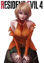 Rule 34 | 1girl, absurdres, ashley graham, bare shoulders, belt, black pantyhose, blonde hair, blue eyes, bob cut, breasts, brown belt, closed mouth, commentary, copyright name, english commentary, green skirt, hands on own legs, highres, jacket, jewelry, large breasts, looking at viewer, monori rogue, open clothes, open jacket, orange sweater, orange sweater vest, pantyhose, plaid clothes, plaid skirt, red scarf, resident evil, resident evil 4, resident evil 4 (remake), scarf, short hair, simple background, skirt, sleeveless, sleeveless turtleneck, sleeveless turtleneck sweater, smile, solo, sweater, sweater vest, torn clothes, torn pantyhose, turtleneck, turtleneck sweater, white background