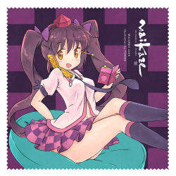 1girl black_necktie black_socks blush book bow breasts brown_hair cellphone checkered_background checkered_clothes checkered_skirt circle_name cradling_phone crossed_legs english_text female_focus hair_bow hat heart himekaidou_hatate kneehighs long_hair navel necktie open_book orange_eyes phone ponytail purple_shirt purple_skirt shirt short_sleeves sitting skirt socks solo talking_on_phone thighs tokin_hat tokine_(maikaze) touhou twintails