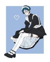 1boy absurdres alternate_costume apron black_dress black_shoes blue_background blue_hair border closed_mouth clothes_lift commentary_request crossdressing dress dress_lift enmaided frilled_apron frilled_thigh_strap frills full_body hair_between_eyes heart highres invisible_chair juliet_sleeves long_sleeves looking_at_viewer maelo maid maid_apron maid_headdress male_focus male_maid meguriya_ayumu puffy_sleeves shoes short_hair sitting smile solo thigh_strap thighhighs toshi_densetsu_kaitai_center white_apron white_border white_thighhighs