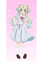 1girl absurdres blonde_hair blue_dress blue_hair blush breast_pocket brown_shoes closed_mouth commentary_request dress fang flower full_body gradient_background gradient_hair hair_flower hair_ornament hand_on_own_hip hasu_no_sora_school_uniform highres kara_iroha link!_like!_love_live! loafers looking_at_viewer love_live! medium_dress multicolored_hair neckerchief osawa_rurino outline pillarboxed pink_background pink_flower pleated_dress pocket puffy_short_sleeves puffy_sleeves red_neckerchief sailor_collar sailor_dress school_uniform shoes short_sleeves simple_background skin_fang smile socks solo standing summer_uniform two-tone_hair virtual_youtuber w w_over_mouth white_outline white_sailor_collar white_socks